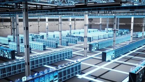 IT infrastructure, blade servers and digital twin scan for database management Stock Photos