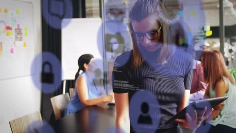 IT lead tapping tablet and checking phone during tech meeting, lock and user Stock Footage 333078604