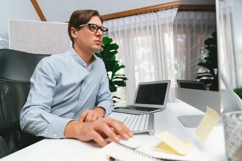 IT looking at online software development on pc align working laptop. Pecuniary. Stockfoto's