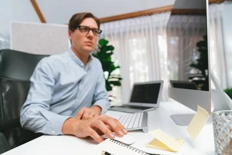 IT looking at online software development on pc align working laptop. Pecuniary. Foto stock