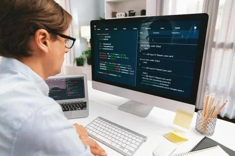 IT looking at online software development on pc align working laptop. Pecuniary. Foto stock