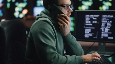 IT man talking cellphone coding computer at workplace closeup. Coder guy calling 스톡 사진