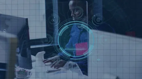 IT man typing at keyboard, causing DATA PROTECTION label expanding into holo Stock Footage 334466214