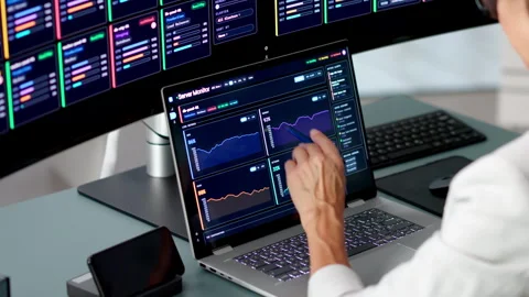 IT Manager Carefully Monitors Network Performance Video stock 345855627