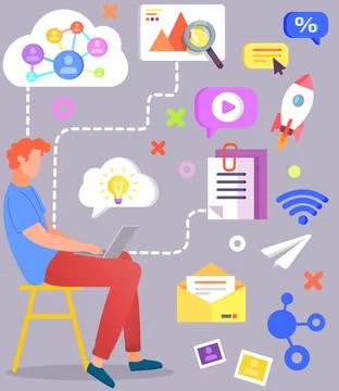 IT manager, designer working with digital app development. Man with laptop and Stock Illustration