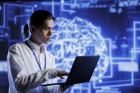 IT manager doing AI simulation Foto stock