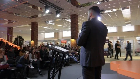 IT manager performs in the business incubator of Hi-Tech Park during conference Видео 103189740