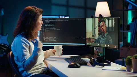 IT master teaching apprentice in webinar how to write code Stock Footage 283693125