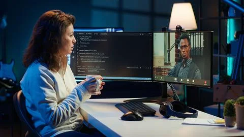 IT master teaching apprentice in webinar how to write code Stock Photos