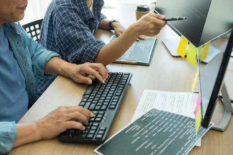 IT office Programmers software development coding technologies On Computer wo 스톡 사진