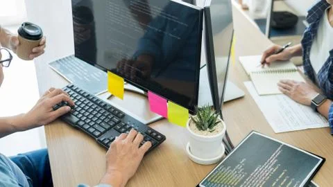 IT office Programmers software development coding technologies On Computer wo 스톡 사진