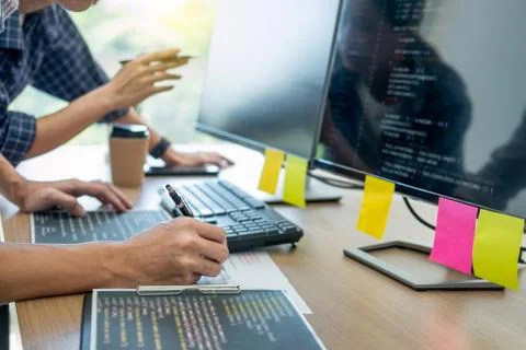 IT office Programmers software development coding technologies On Computer wo 스톡 사진