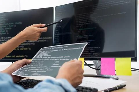 IT office Programmers software development coding technologies On Computer wo 스톡 사진