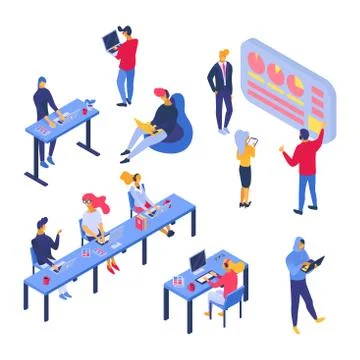 IT people vector creative young workers sitting at table with laptop computer in Stock Illustration