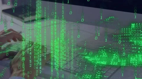 IT pro clicking mouse, typing, visualizing data as green numeric rain forming 3D Stock Footage 334703565