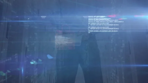 IT pro in data center aisle initiating boot with code stacking and padlock Stock-Footage 313492937