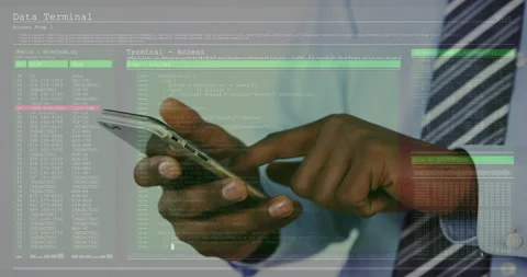 IT pro tapping phone and navigating transparent data terminal interface for Stock Footage 315542815