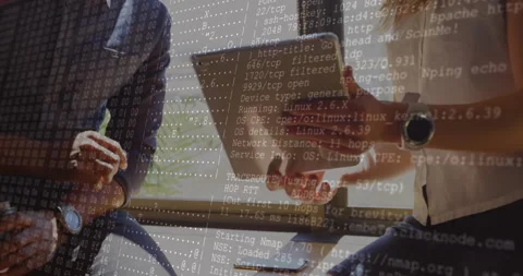 IT pro tilting tablet initiating network scan scrolling while colleague swiping, Video stock 310418883