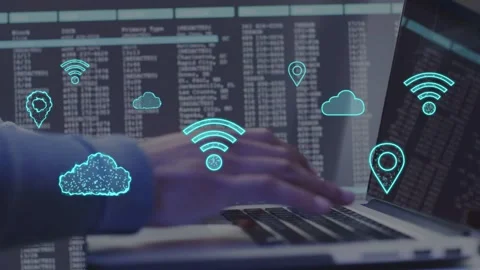 IT pro typing on laptop keyboard, visualizing Wi-Fi, cloud, location icons Stock Footage 334884165