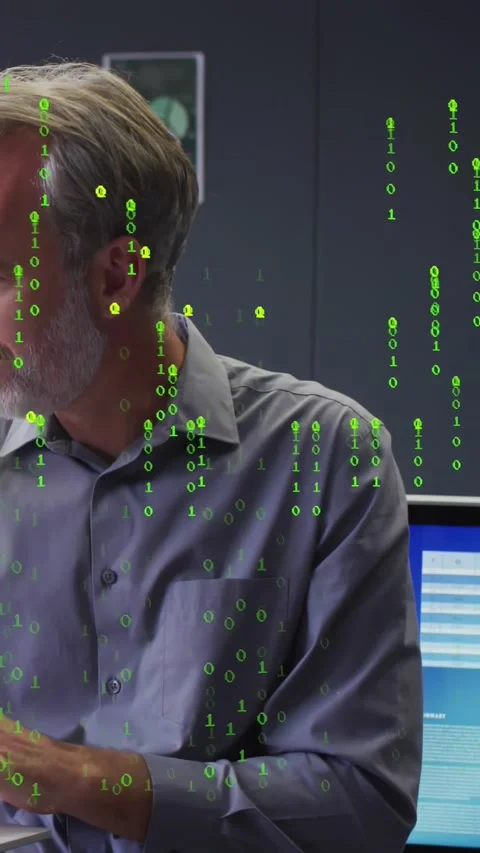 IT pro using laptop analyzing UI on blue monitor after green binary code Stock Footage 334543768