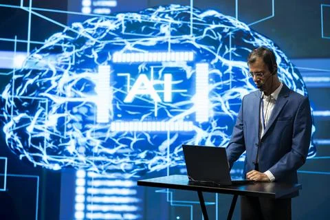 IT professional in AI tech startup managing call center tasks Stock Photos