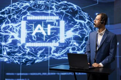 IT professional in artificial intelligence workplace managing call center tasks Foto stock