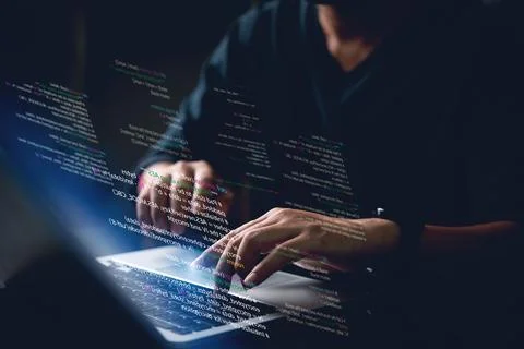 IT professional coding backend script for secure network system in dark web.. Foto stock