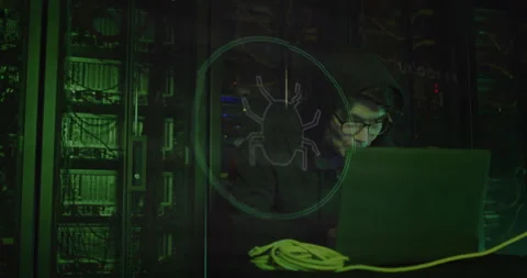 IT professional connecting cable and running bug icon scan detecting cyberthreat Stock Footage 311085286