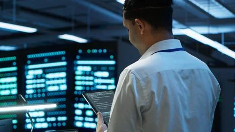 IT professional doing maintenance on server room infrastructure using tablet 스톡 사진