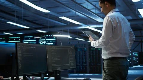 IT professional doing maintenance on server room infrastructure using tablet Stock Photos