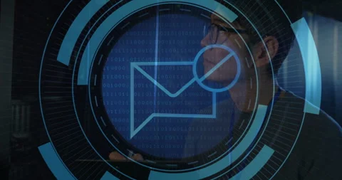 IT professional examining binary code and envelope icon with magnifier icon in Stock Footage 307440917