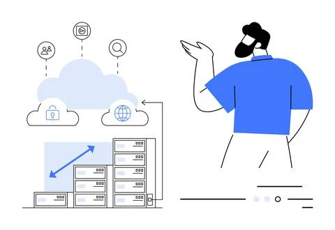 IT professional gesturing toward cloud storage, security, and data center ico Stock Illustration
