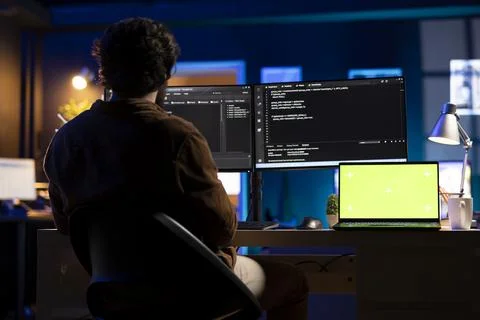 IT professional implementing company systems using mockup laptop 스톡 사진
