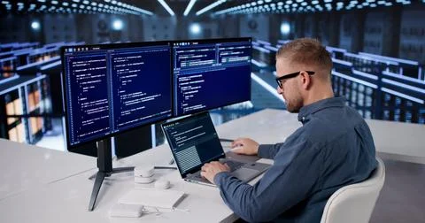 IT Professional Managing Cloud Data Protection In A High-Tech Server Facility 스톡 사진