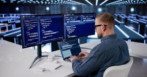 IT Professional Managing Cloud Data Protection In Advanced Server Facility Foto stock