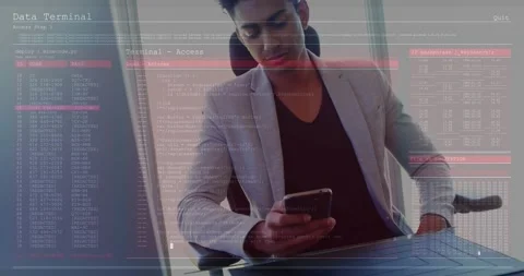 IT professional picking up smartphone, browsing code logs with data terminal Video stock 317741192