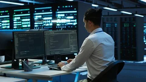 IT professional in server hub establishing performance benchmarks Stock Photos