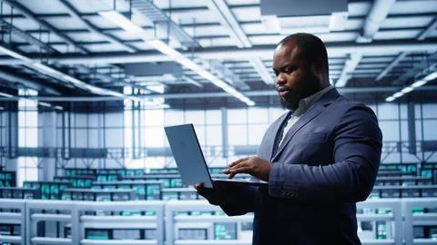 IT professional in server room looking for network issues 스톡 사진