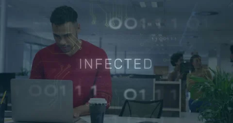 IT professional typing laptop causing binary code revealing INFECTED overlay Stock Footage 312041458