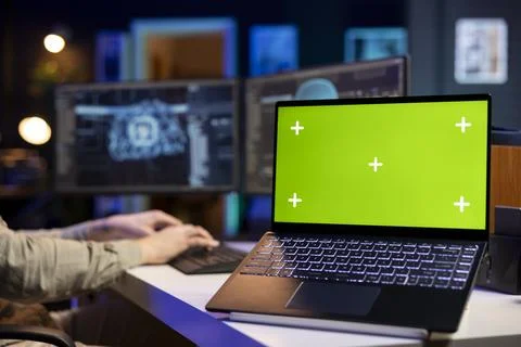 IT professional upgrading high tech AI, mockup notebook on desk, close up Stock Photos