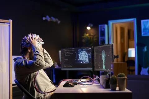 IT professional using high tech gear to talk with AI robot in humanoid form Stock Photos