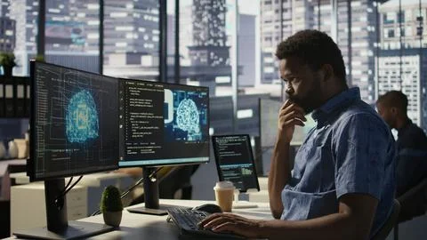 IT professional working with AI tech to transform data into predictive models Stock Photos