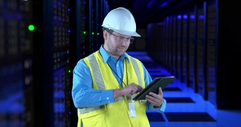 IT Professional Working In A Data Center Server Room Holding a Laptop Computer Stock Footage 158525687