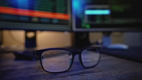 IT Professional Workspace With Programming Code and Glasses Stock Footage 342353180