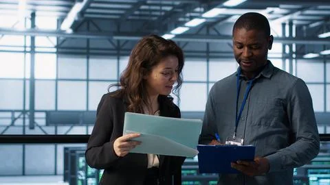 IT professionals in data center reviewing reports and files Stock Photos