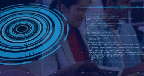 IT professionals in suits interacting in office with tablet, holographic HUD, 스톡 사진