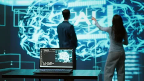 IT professionals using artificial intelligence augmented reality hologram Stock Footage 278626818