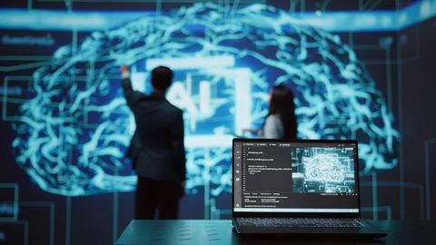 IT professionals using artificial intelligence augmented reality hologram Stock Photos
