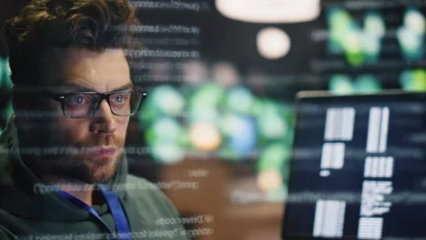 IT programer checking computer code data hologram closeup. Engineer man working Stock Footage 260245421