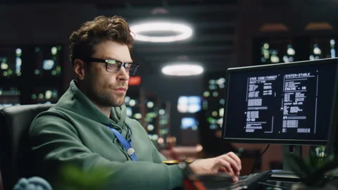 IT programer working keyboard desktop computer data center control room closeup Stock Footage 260260873